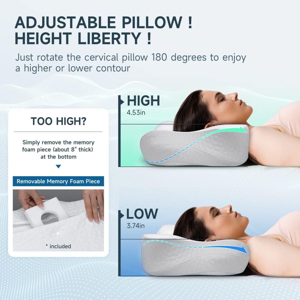 zibroges Cervical Memory Foam Pillow for Neck Shoulder Pain Relief Sleeping Supports Your Head, Ergonomic Contoured Orthopedic Cooling Bed Pillow for Side, Back and Stomach Sleepers
