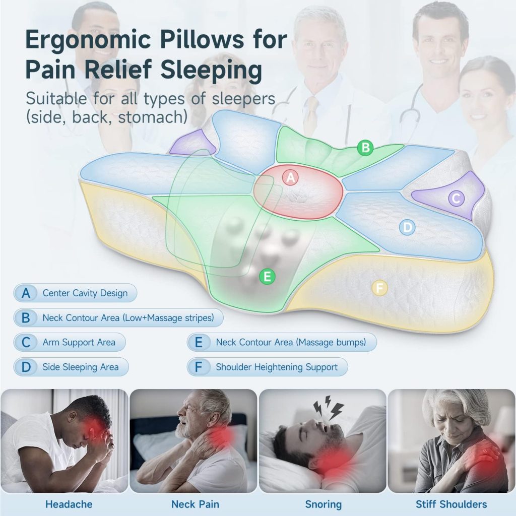 zibroges Cervical Memory Foam Pillow for Neck Shoulder Pain Relief Sleeping Supports Your Head, Ergonomic Contoured Orthopedic Cooling Bed Pillow for Side, Back and Stomach Sleepers