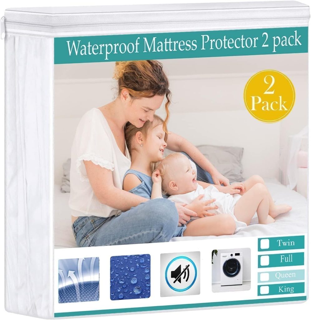 Queen Mattress Protector 2 Pack, Waterproof Mattress Protector Mattress Cover Pad, Fitted 15 Deep Pocket Bed Cover for Kids Pets Adults, Smooth Breathable Soft Noiseless, 60x 80