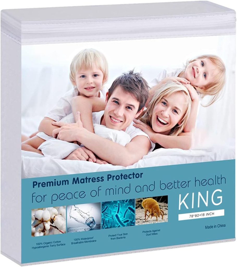 Waterproof Mattress Pad Protector 100% Organic Cotton Hypoallergenic Breathable Mattress Pad Cover, Deep Pocket, Vinyl Free White