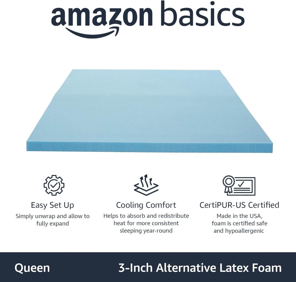 Amazon Basics Cooling Gel-Infused Firm Support Mattress Topper, Alternative Latex Foam, 2 Inches, King, Blue
