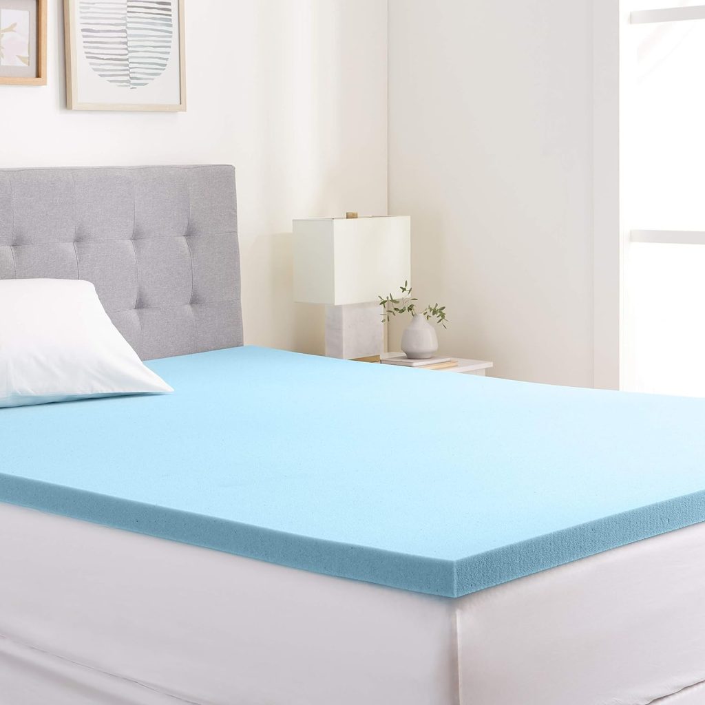 Amazon Basics Cooling Gel-Infused Firm Support Mattress Topper, Alternative Latex Foam, 2 Inches, King, Blue