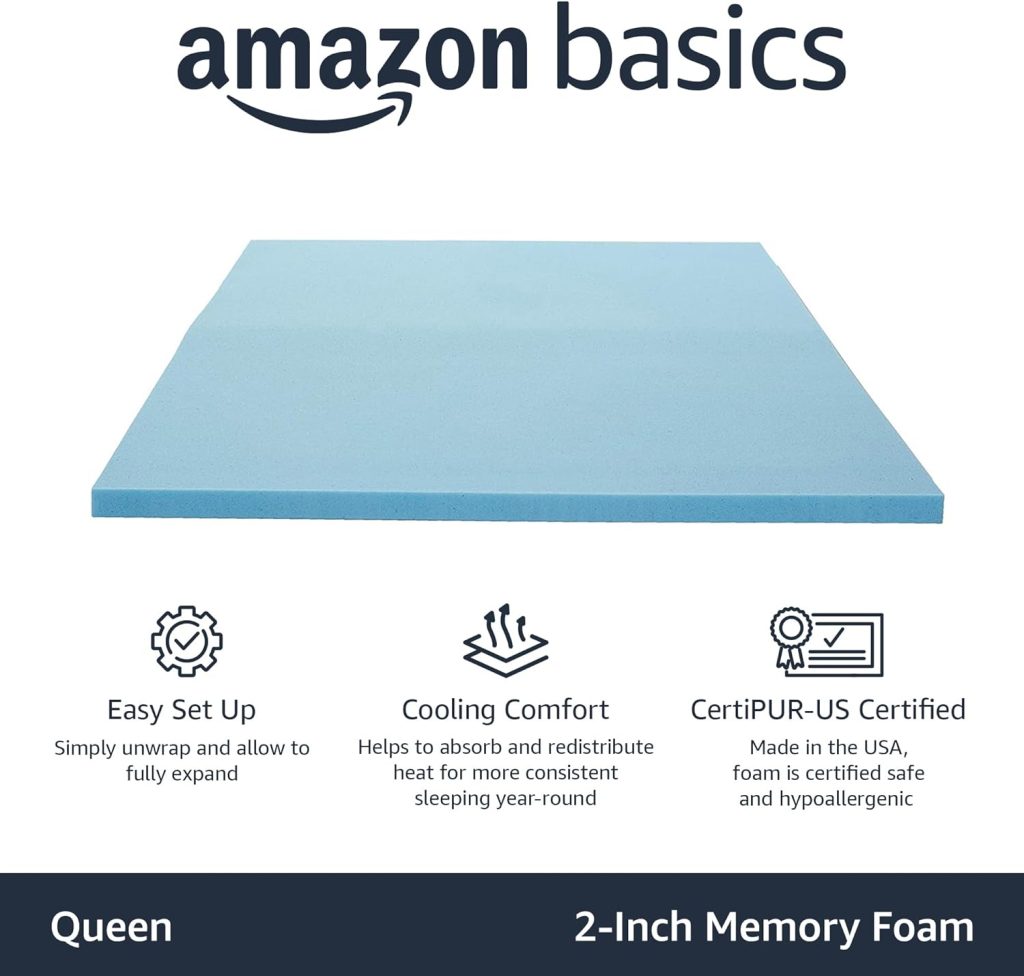 Amazon Basics Cooling Gel-Infused Firm Support Mattress Topper, Alternative Latex Foam, 2 Inches, King, Blue