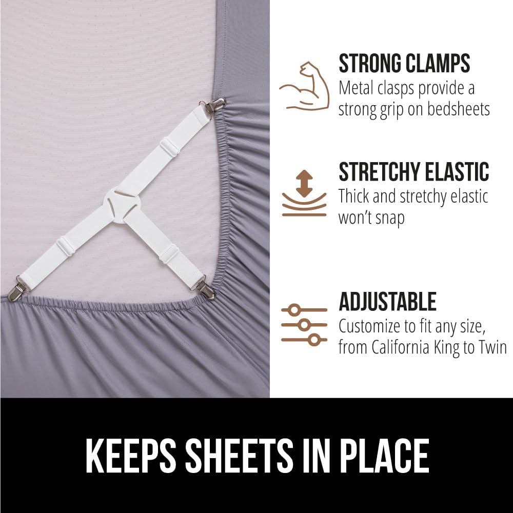 Gorilla Grip Bed Sheet Straps, Adjustable Elastic Fasteners with Metal Clips, Keep in Place Fitted Bedding Holder, Easy Install Suspenders Mattresses, Firm Tight Accessories, 8 Pack White
