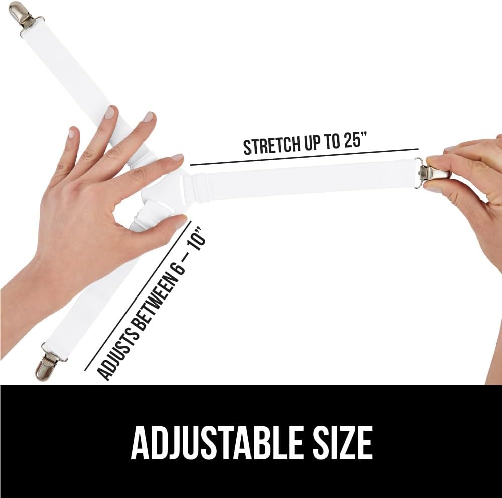 Gorilla Grip Bed Sheet Straps, Adjustable Elastic Fasteners with Metal Clips, Keep in Place Fitted Bedding Holder, Easy Install Suspenders Mattresses, Firm Tight Accessories, 8 Pack White