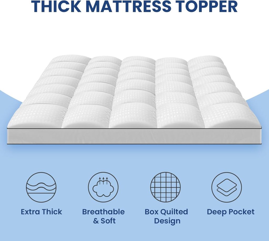Queen Mattress Topper for Back Pain Extra Thick Mattress Pad Cover with 8-21 Inch Deep Pocket Pillow Top Mattress Topper Overfilled with Down Alternative, White
