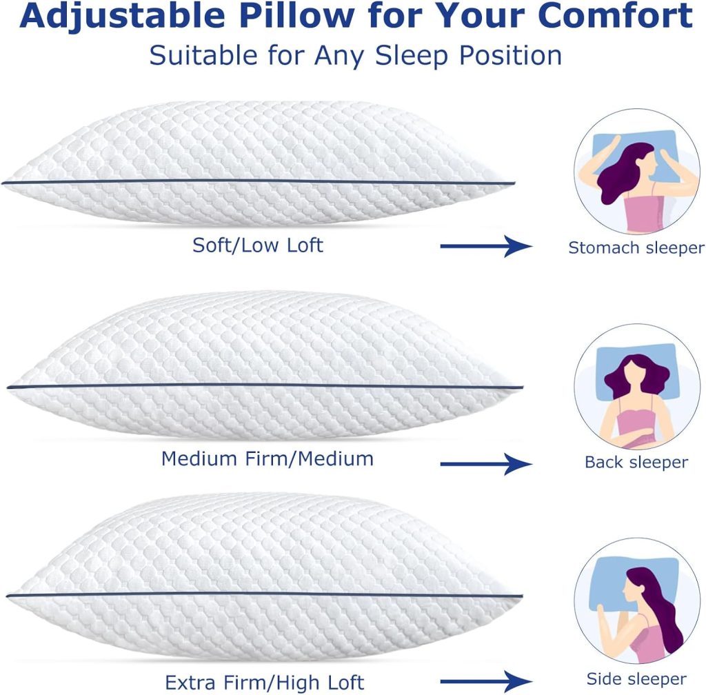 Shredded Memory Foam Pillows King Size Set of 2, King Pillows for Sleeping 2 Pack, Adjustable Firm Pillows for Side Back Stomach Sleepers, Washable Support Bed Pillows with Zipper Outcover