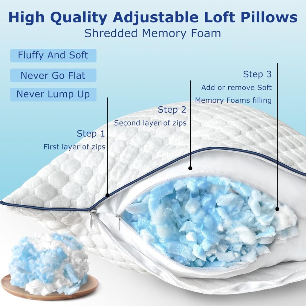 Shredded Memory Foam Pillows King Size Set of 2, King Pillows for Sleeping 2 Pack, Adjustable Firm Pillows for Side Back Stomach Sleepers, Washable Support Bed Pillows with Zipper Outcover
