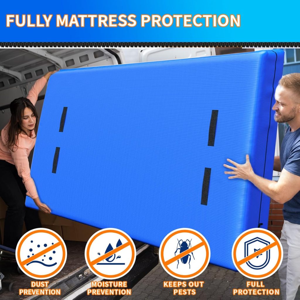 Acnusik Queen Mattress Bags for Moving and Storage, Reusable Heavy Duty Tarp Waterproof Queen Size Bed Mattress Cover, Zippered Mattress Protector with 8 Strong Handles, 82’’ Lx 63’’ W x 15’’ D