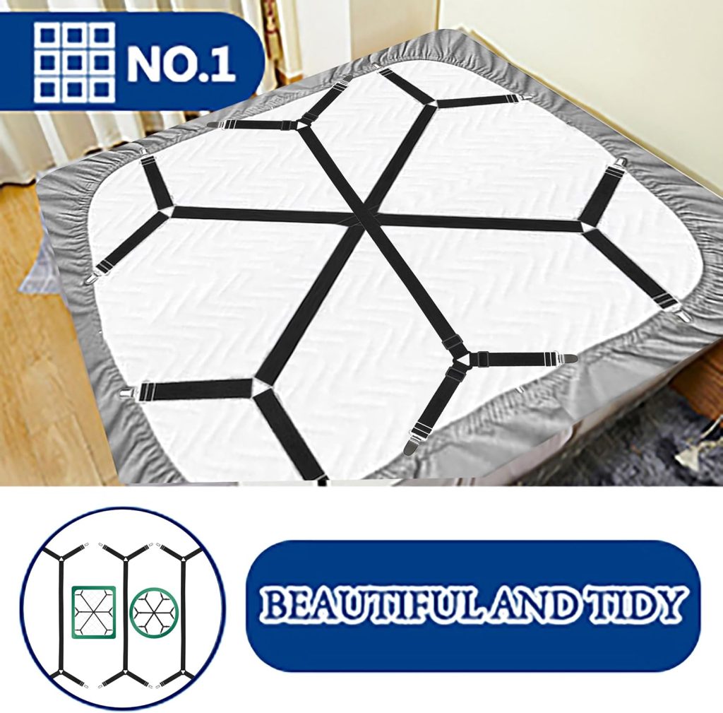 Bed Sheet Straps,Adjustable Elastic Sheet Fasteners,Secure Mattresses Covers Keeper with Fitted Sheet Holders and Metal Clips,Ensuring Sheets Stay in Place（4pcs Black）