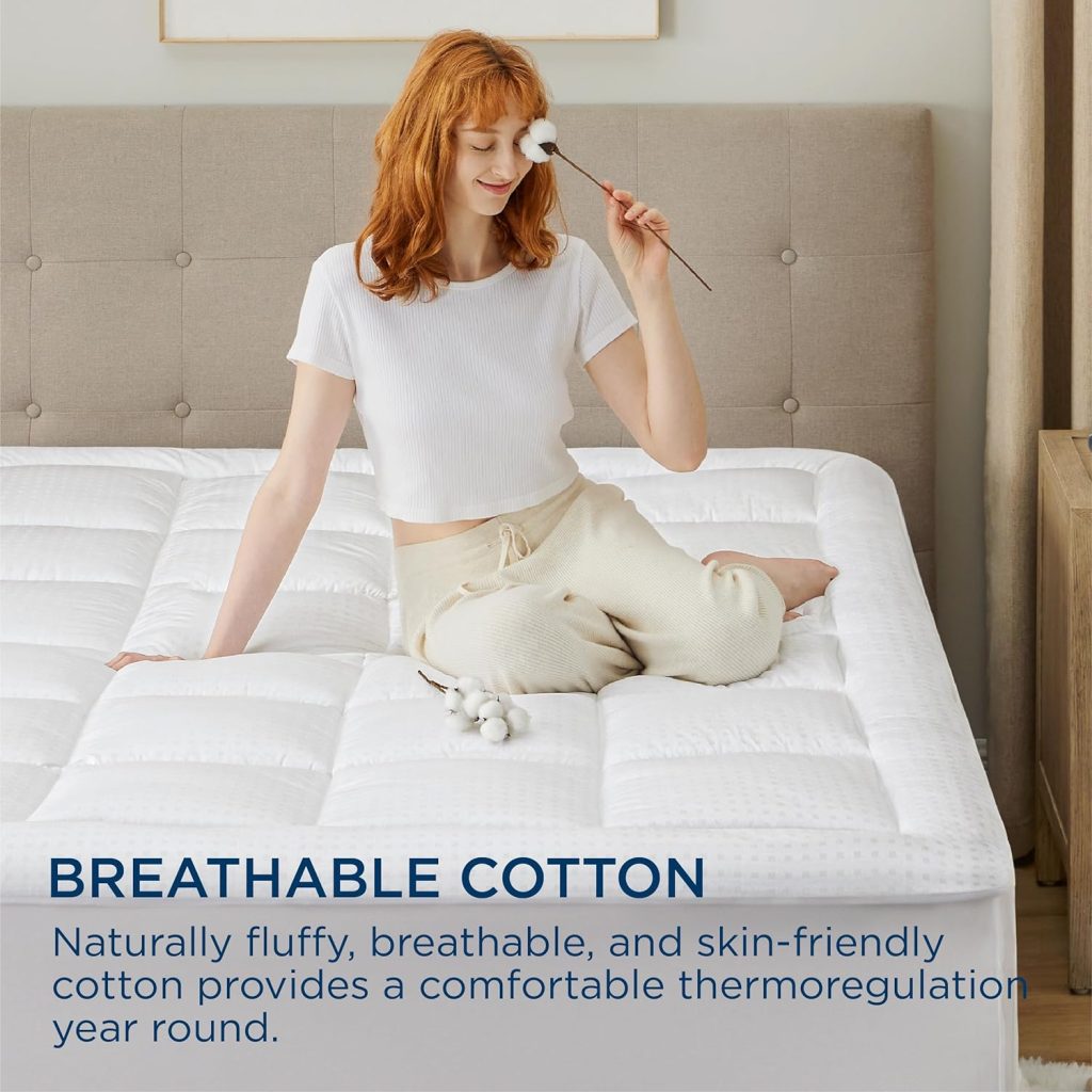 Bedsure Mattress Pad Queen Size - Breathable Cotton Mattress Topper, Quilted Fitted Mattress Cover with Deep Pocket Fits 8-21 Inch Mattress, Soft Fluffy Pillow Top, White
