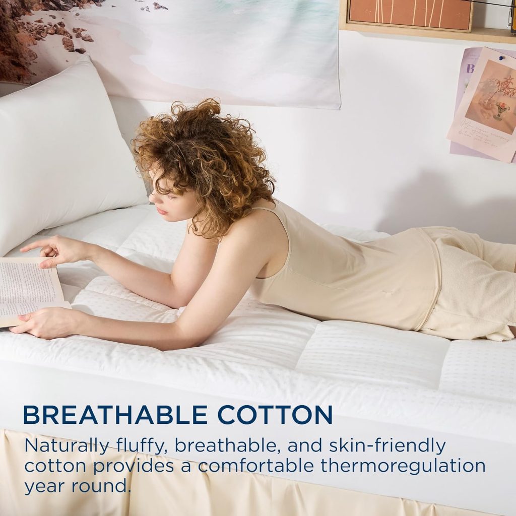 Bedsure Mattress Pad Queen Size - Breathable Cotton Mattress Topper, Quilted Fitted Mattress Cover with Deep Pocket Fits 8-21 Inch Mattress, Soft Fluffy Pillow Top, White