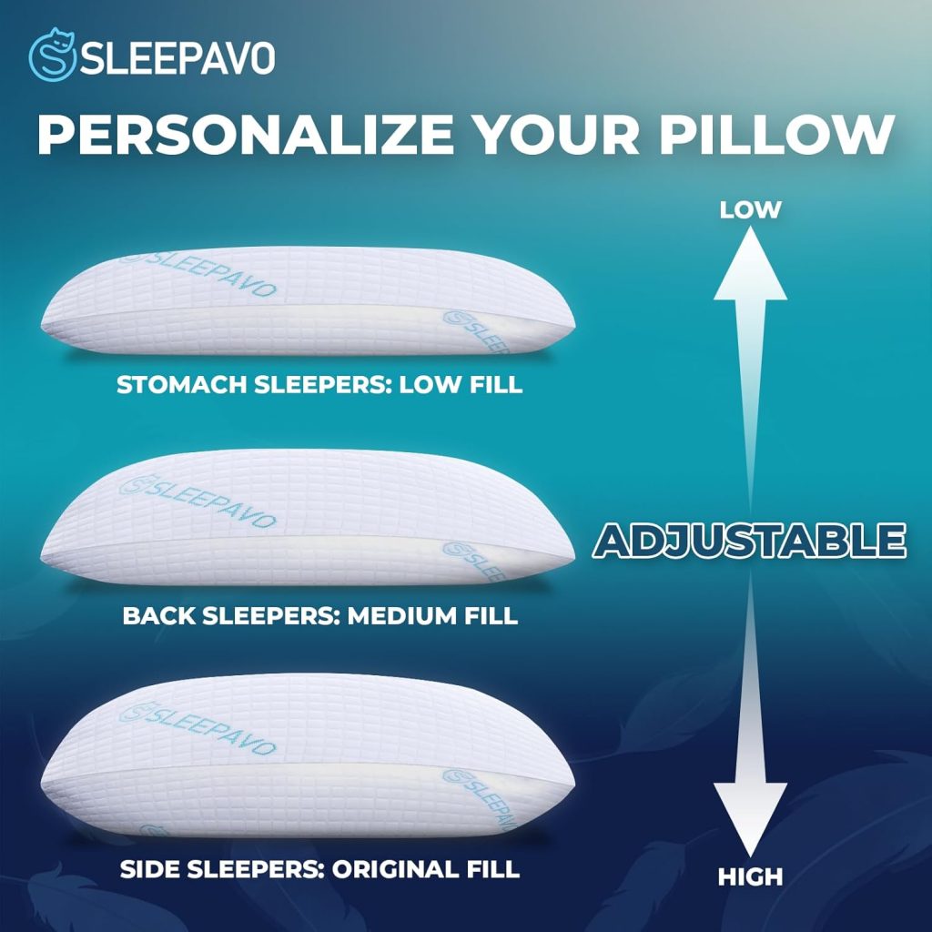 Sleepavo Shredded Memory Foam Pillows Queen Size Set of 2 - Extra Firm Bed Pillows Adjustable Queen Size Pillow for Side Sleeper, Back, Stomach -Soft Memory Foam Pillows 2 Pack Cooling Pillows for Bed