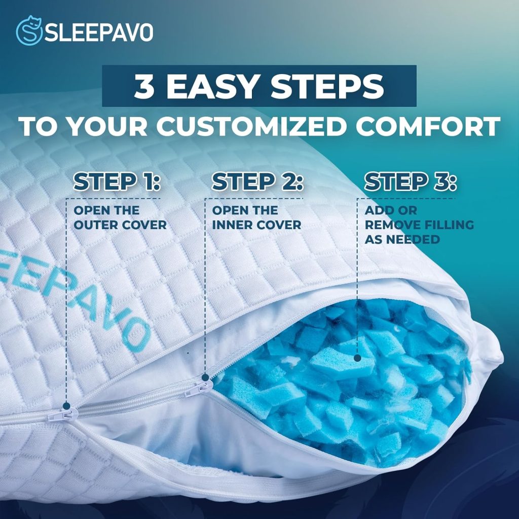 Sleepavo Shredded Memory Foam Pillows Queen Size Set of 2 - Extra Firm Bed Pillows Adjustable Queen Size Pillow for Side Sleeper, Back, Stomach -Soft Memory Foam Pillows 2 Pack Cooling Pillows for Bed