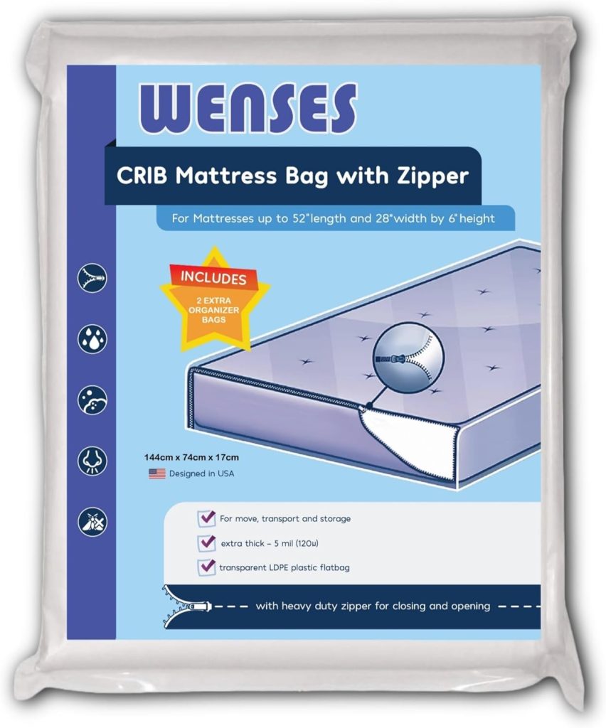 Crib Mattress Storage Bag with Zipper, 5 Mil Clear Plastic Cover for Moving, Includes Accessory Bags