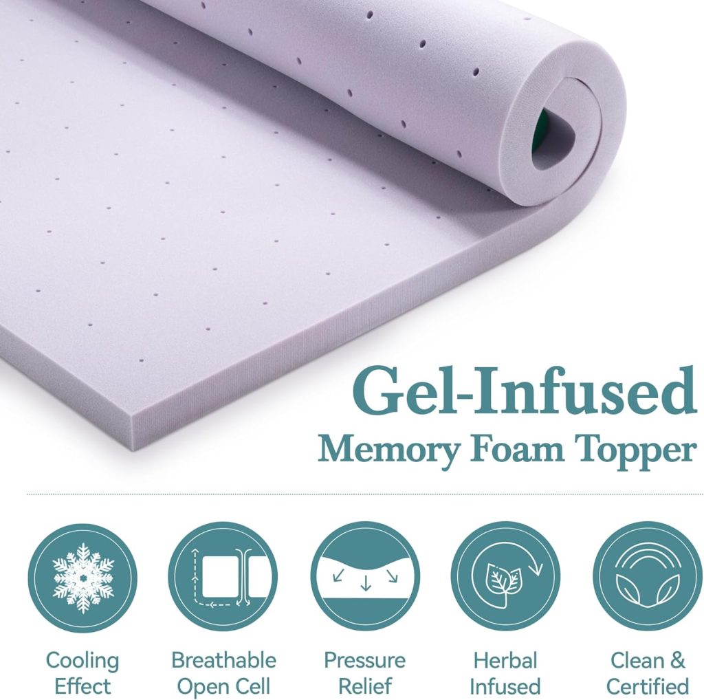 HOOMIC 3 Inch Twin Memory Foam Mattress Topper, Lavender Cooling Gel Infusion, Removable Bamboo Cover, Diamond Grid Pattern, CertiPUR-US Certified, Purple