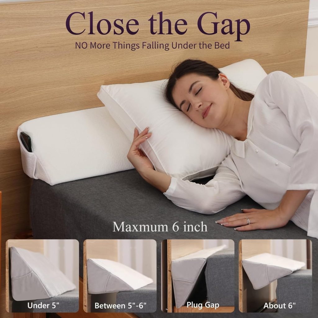 Queen Size(60x8x6) Bed Wedge Pillow for Headboard, Bed Gap Filler Close Gap(0-5.5) Between Mattress and Headboard/Wall, Triangle Bolster Pillow Wedge, No More Lost Your Pillows (White)