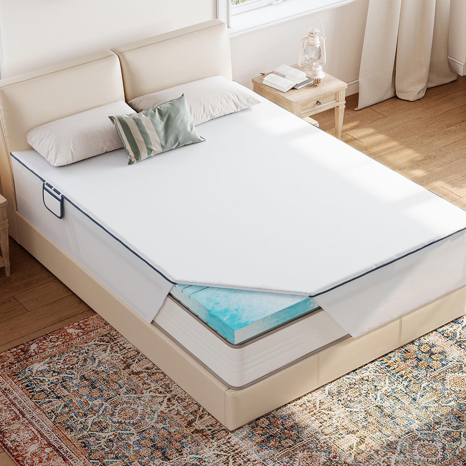 LINSY LIVING Cooling Mattress Topper Queen, 3 Inch Gel Infused Memory Foam with Deep Pocket Nylon Fabric, Soft Mattress Topper for Queen Size Bed