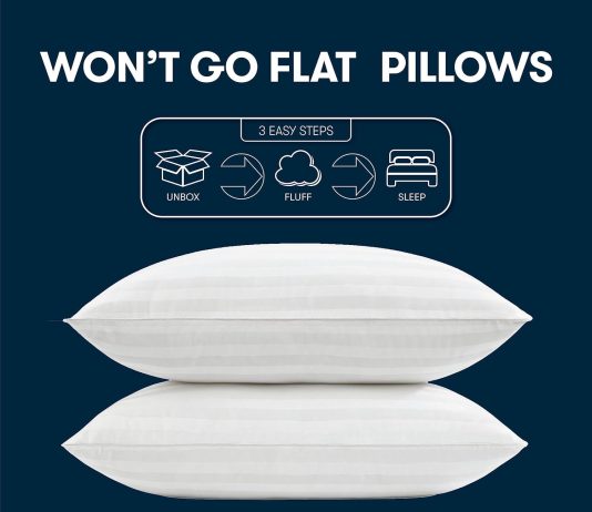 Serta Won’t Go Flat Standard/Queen Size Set of 2 Down Alternative Bed Pillows, Extra Life Foam Core with Medium Support, Perfect for Back, Stomach or Side Sleepers, White